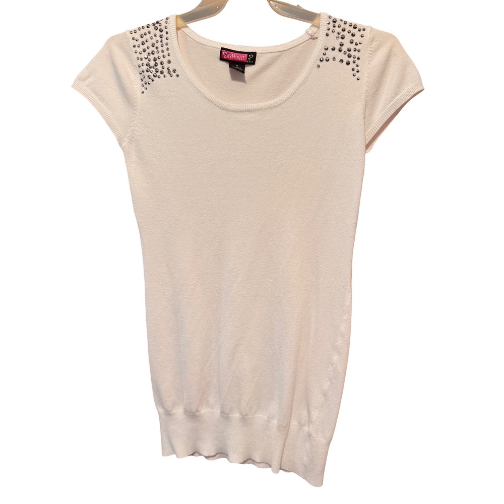 Say‎ What? Studded Top Knit Short Sleeve Sweater Y2K Casual White Size Medium